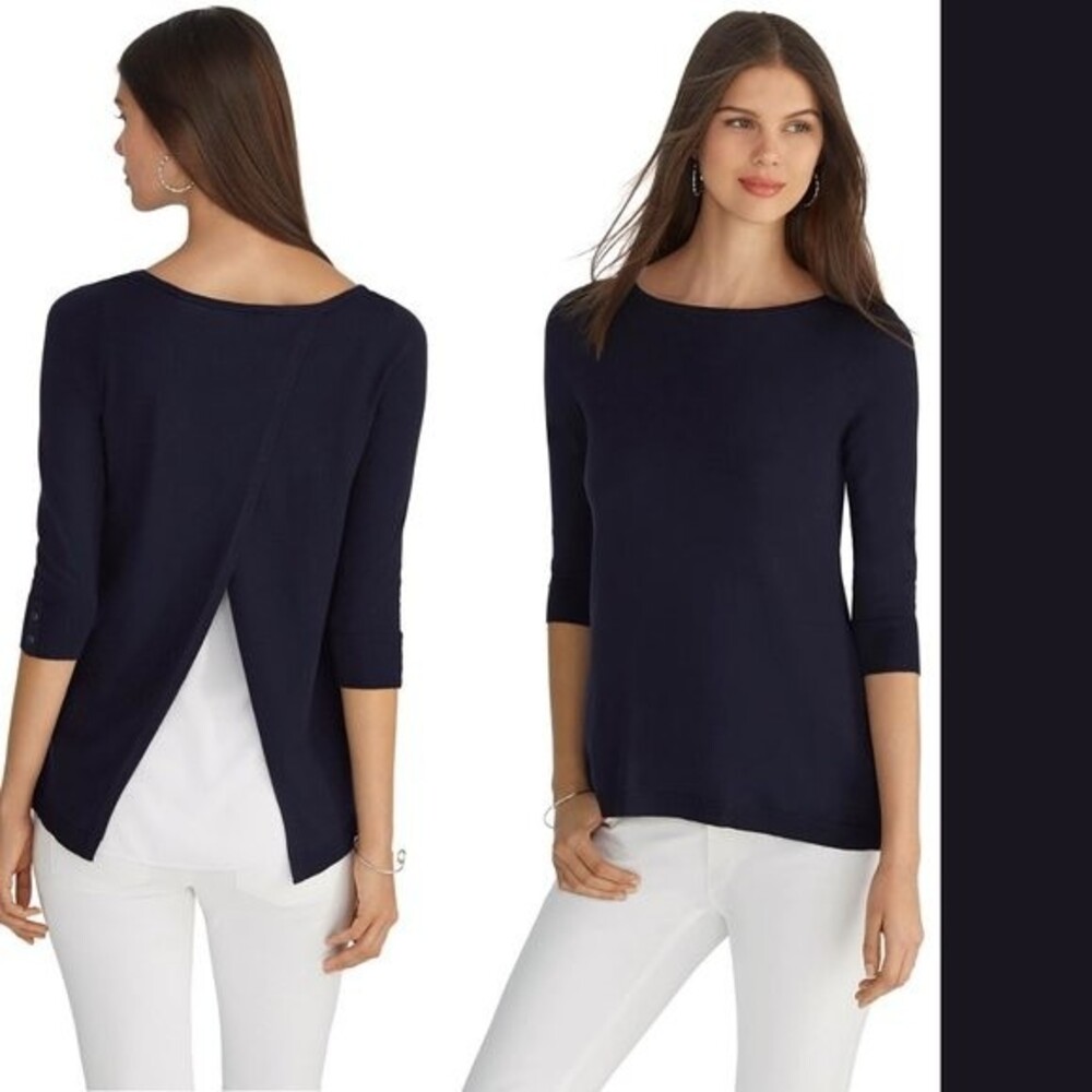 3/4 Sleeve Woven Back Layered Navy Pullover - S